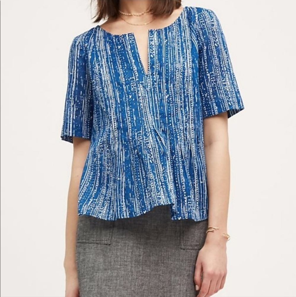 Maeve Blue and White Printed Short Sleeve Blouse